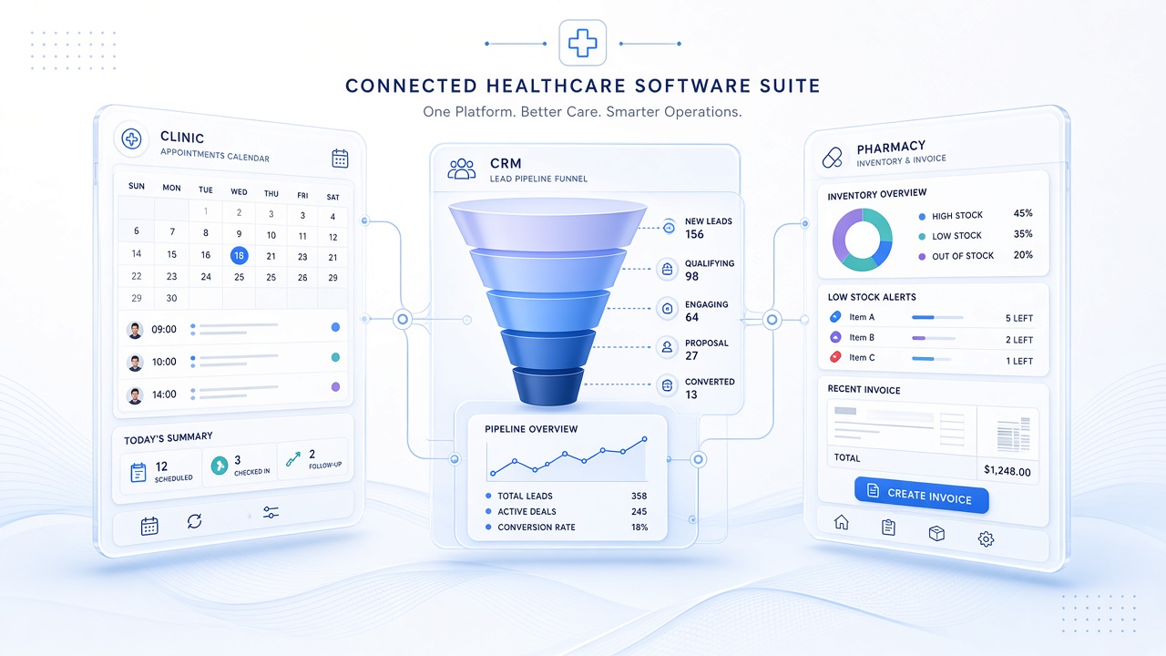 HealthySkinCare overview — Clinic, CRM, and Pharmacy software connected