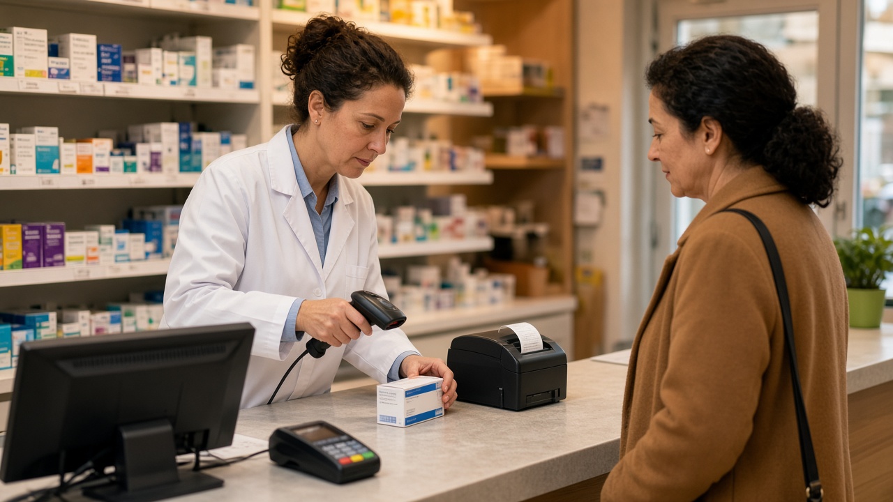 Pharmacist billing medicines at a busy counter