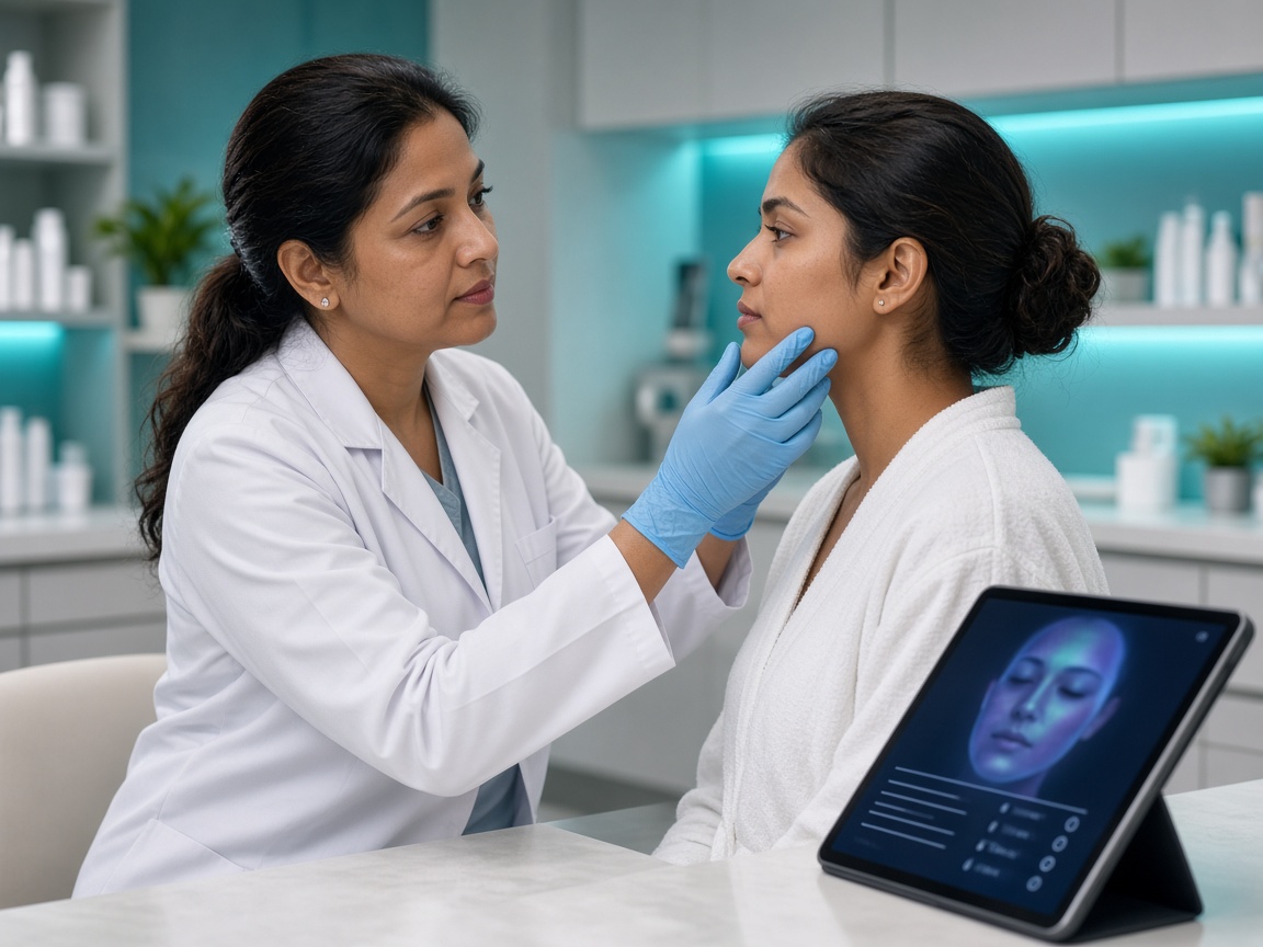 Dermatologist using clinic software during consultation