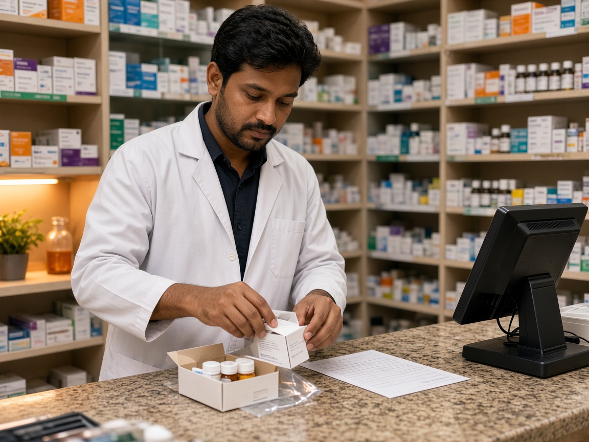 Pharmacist managing stock and invoices